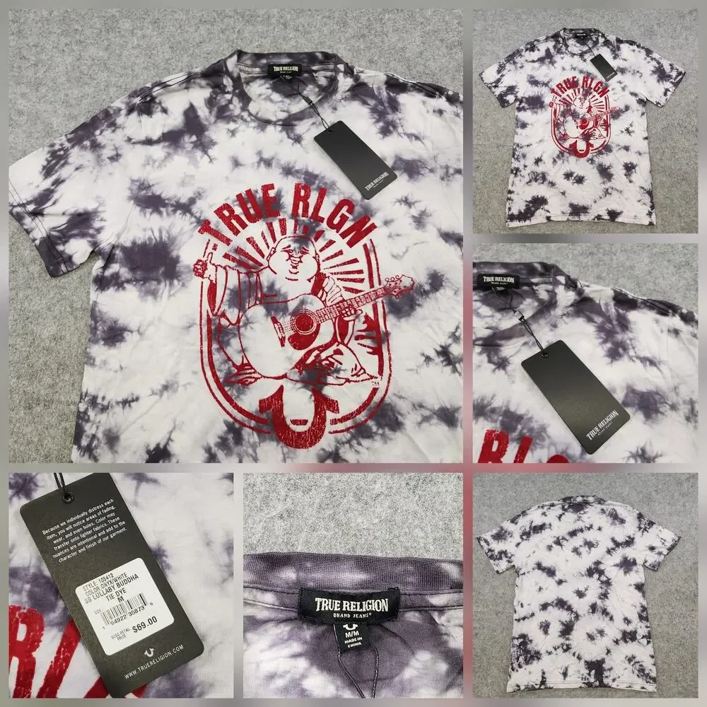 True Religion Shirt Mens Medium Tie Dye Onyx White SS Lullaby Buddha Graphic Tee